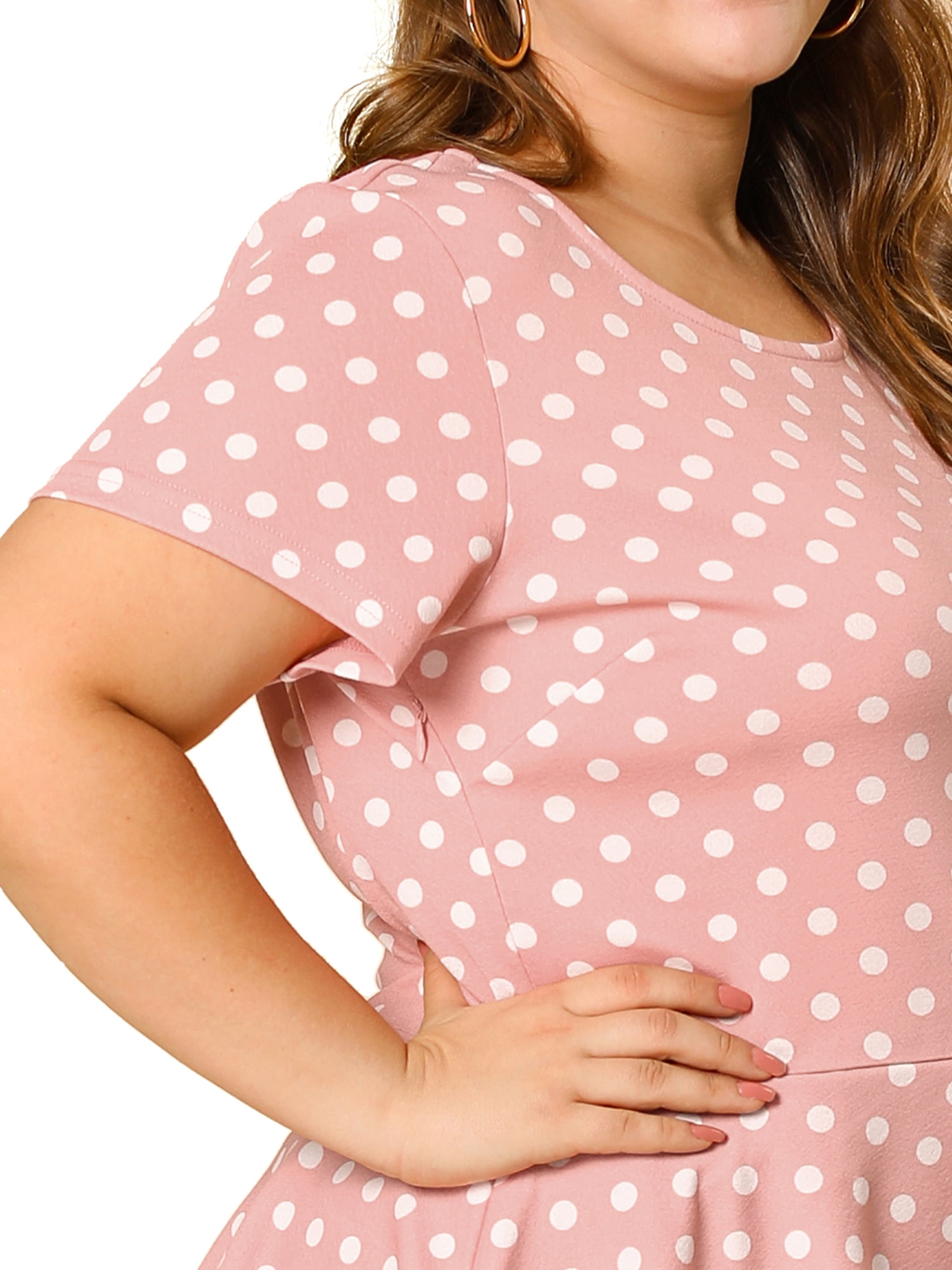 Unique Bargains Women's Plus Size Short Sleeves Polka Dots Outfits Fashion Peplum Blouse