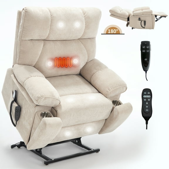 Power Lift Recliner Chair with Dual Motor Assistance & Massage/Heat Therapy for Elderly & Post-Surgery Users, 180° Flat Recline, Oversized Seat (24.8" Wide), Remote Control & Cup Holders
