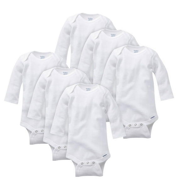 Gerber Onesies Brand Long Sleeve Bodysuits, Solid White, Preemie - 24 Months, 6-Piece Pack