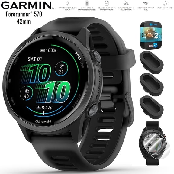 Garmin 010-02970-00 Forerunner 570 42mm GPS Smartwatch, Aluminum/Black, Screen Protectors, Dust Covers & 2-Year CPS Bundle