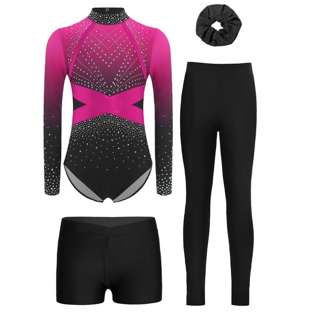 Runhomal Girls 4Pcs Dance Leotard Set Rhinestone Gymnastics Outfits with Shorts Long Sleeve Figure Skating Leotard Hot Pink 14
