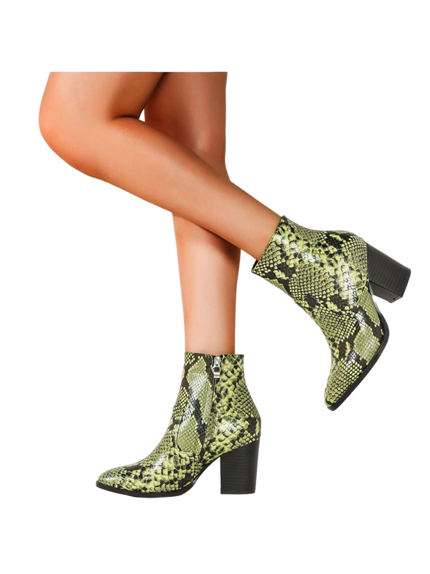 Women Chunky Heels Casual Comfy Boots Zipper Snakeskin Printed Ladies Shoes US 