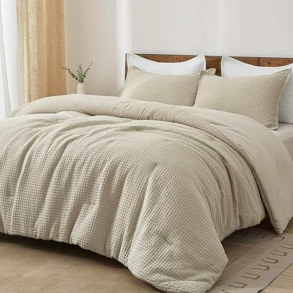 PHF 3-Piece Waffle Weave Comforter Set King Size, Lightweight Comfy Bedding Set for All Season, Ultra Soft Textured 1 Comforter with 2 Pillow Shams, Linen