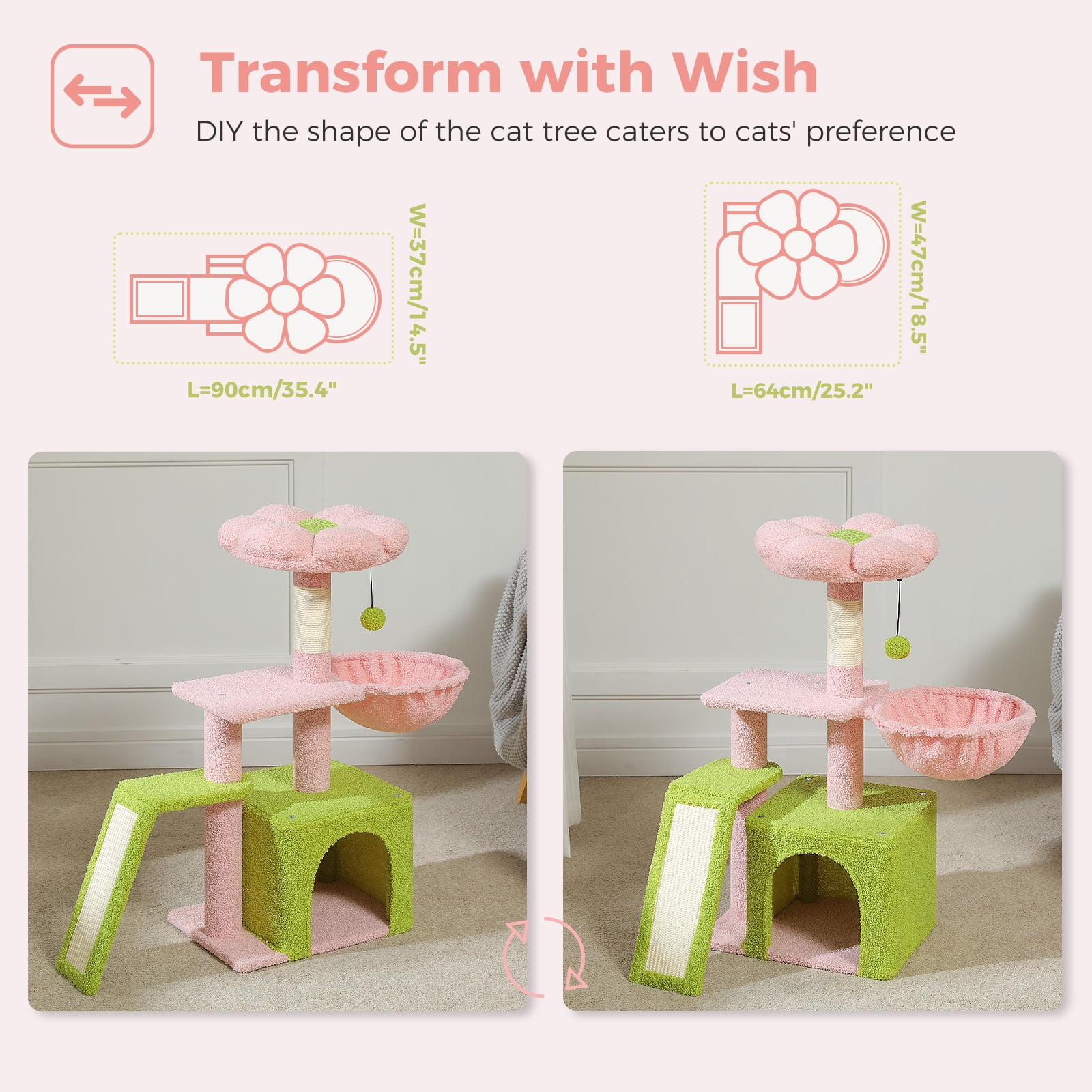 Pefilos 32" Cat Tree Tower, Cute Cat Condo with Sisal Scratching Ramp, Cozy Hammock and Removable Top Bed Perch for Indoor Kittens, Pink