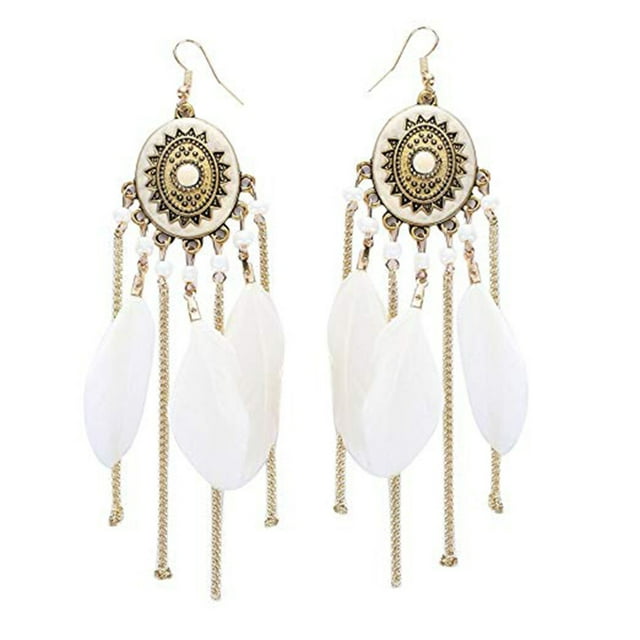Femmes Filles Rondes Chaînes à Disque Perforé Pompon Plume Boucles d'Oreilles Frinded Plume Boucles d'Oreilles Bohemia Dangle Eardrop Drop Pendentif Oreille Accessoires