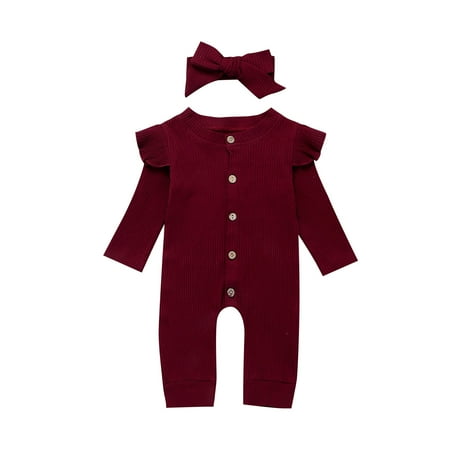 

EHTMSAK Newborn Infant Baby Toddler with Headband Set Clothes Romper for Girl Boy Long Sleeve Button Jumpsuit Wine 0-24M 80