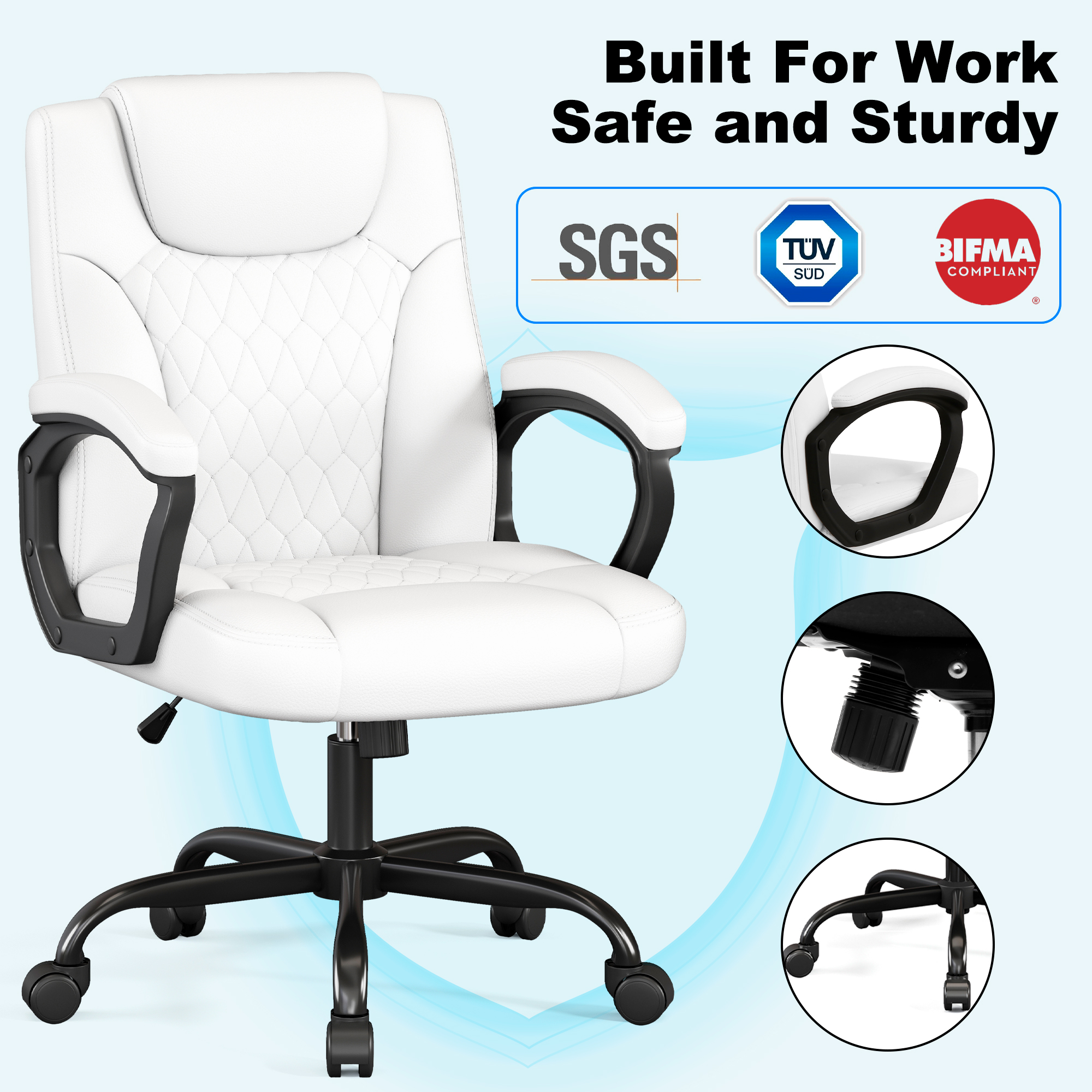 Misolant Office Chair, Executive Desk Chair, PU Leather Comfortable Executive Chairs with Fixed Armrest, Adjustable Height, Rocking Function, 360° Swivel Wheels