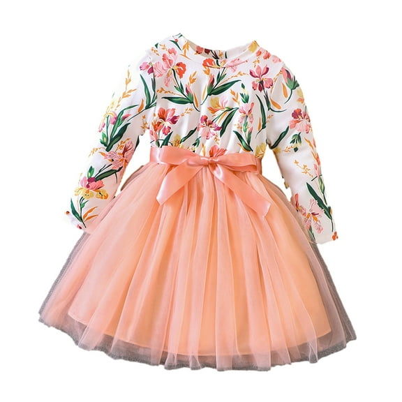 Esaierr Little Girls Long Sleeve Dresses Toddler Spring Fall Flower Prints Dress Mesh Fashion Dress for Kids 1-7 T