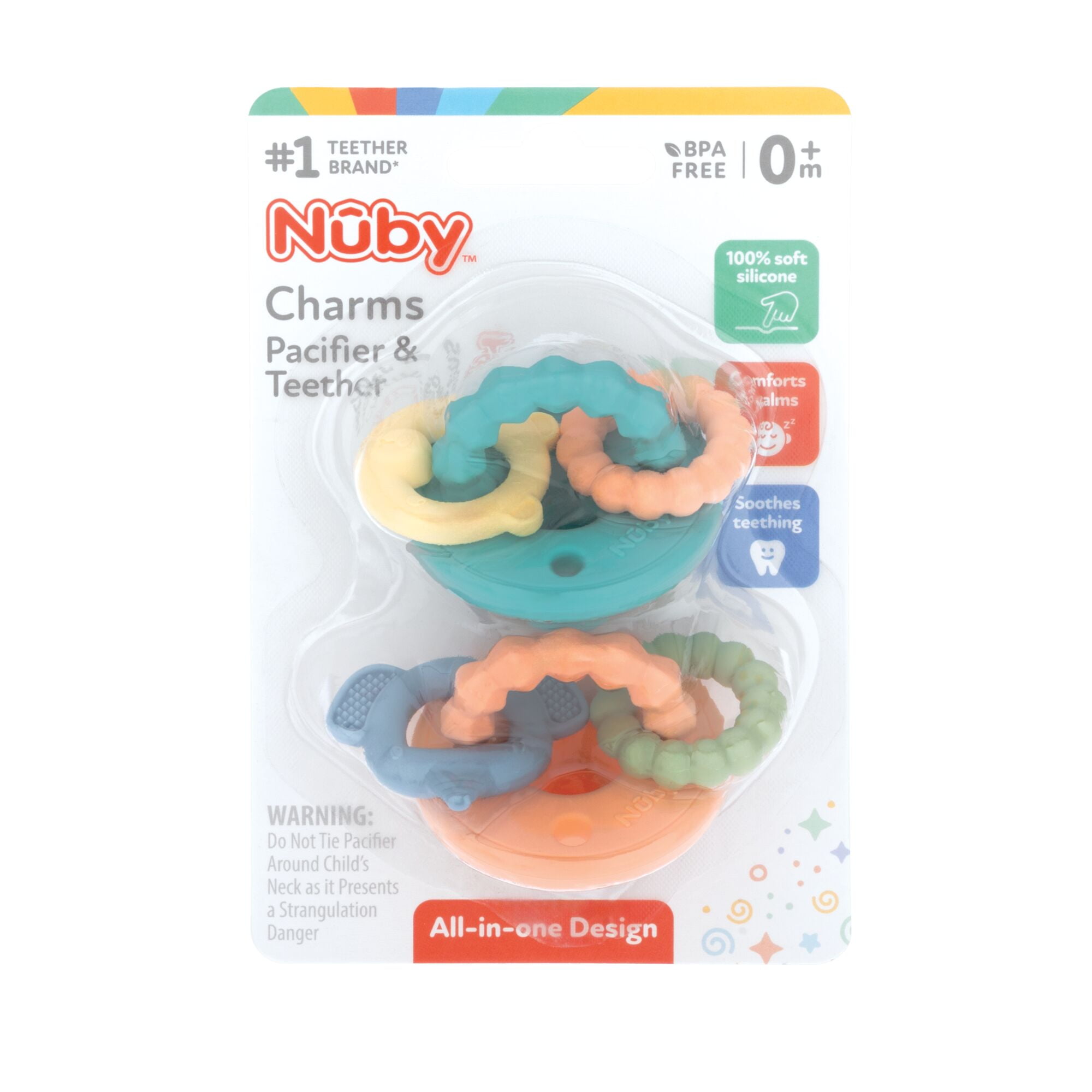 Nuby Silicone Softee Pacifier with Teething Charms for Infants, 2 Pack