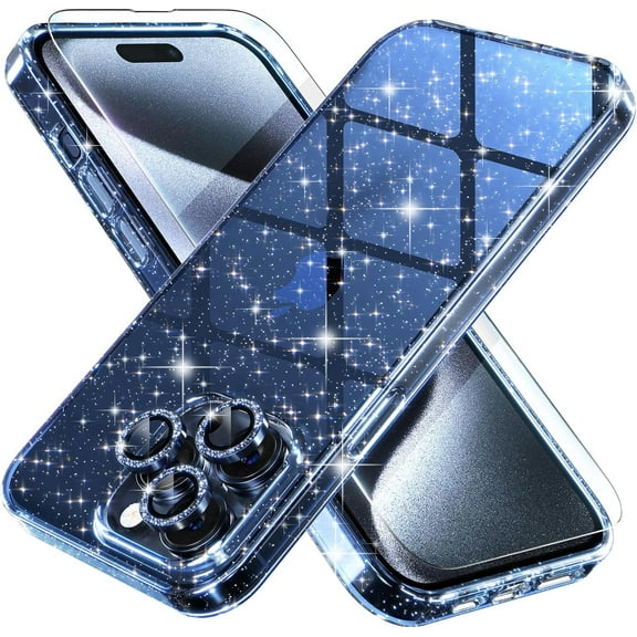Compatible for iPhone 15 Pro Max Case, Women Cute Clear Glitter Bling Sparkly Case, 6.7-inch (Glitter Blue)