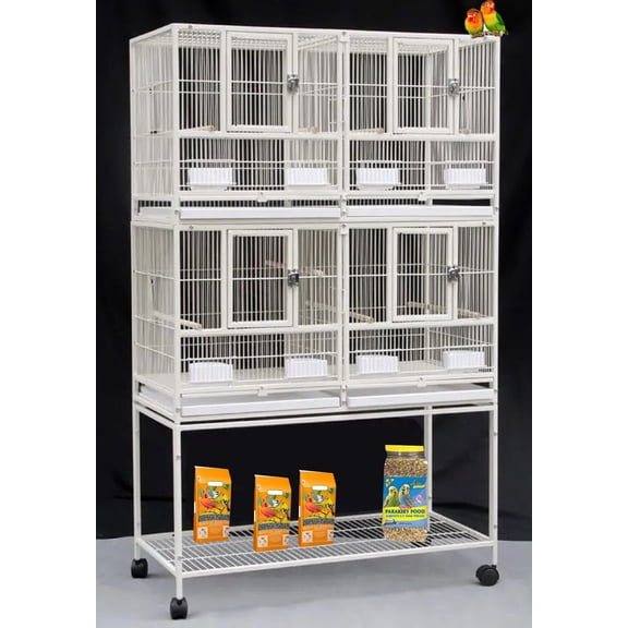 Double Stacker Bird Flight Breeder Cage Center Divider Side Nesting Box Doors Metal Bird Cage with Rolling Stand for Small Birds Lovebirds Finch Canaries Parakeets Cockatiels Budgies