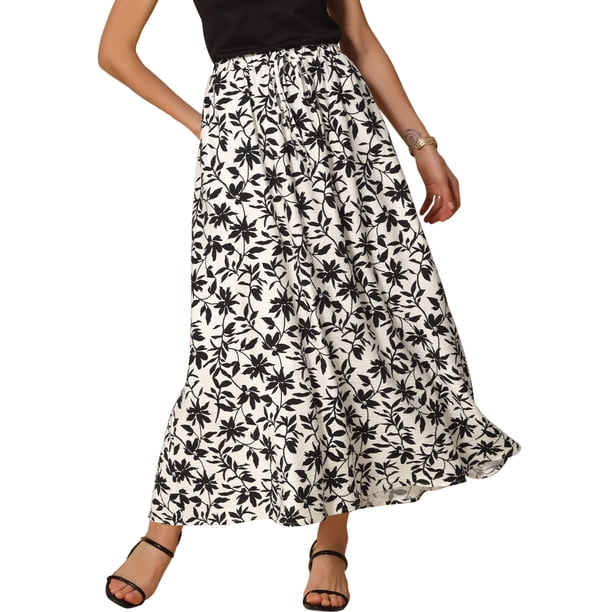 Faldas largas A-Line impresas con flores INSPIRE CHIC para mujer, con cintura alta elástica, color negro