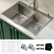 حوض مطبخ KRAUS Standart PRO 33 Drop In / Undermount 16 Gauge Double Bowl 2-Hole من الفولاذ المقاوم للصدأ