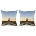 thumbnail image 1 of Eiffel Tower Throw Pillow Cushion Cover Pack of 2, Real Picturesque of Paris City Landscape People Exploring During Sunset, Zippered Double-Side Digital Print, 4 Sizes, Multicolor, by Ambesonne, 1 of 2