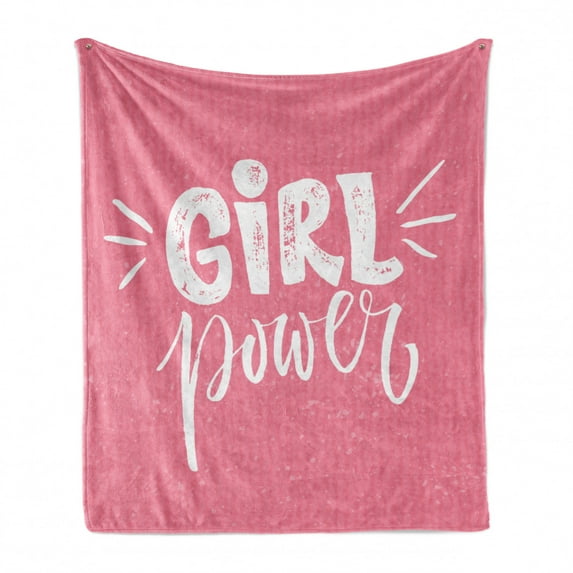 Feminist Soft Flannel Fleece Blanket, Brush Stroke Style Lettering Girl Power for Inspirational Theme Grungy Background, Cozy Plush for Indoor and Outdoor Use, 60" x 80", Pink White, by Ambesonne
