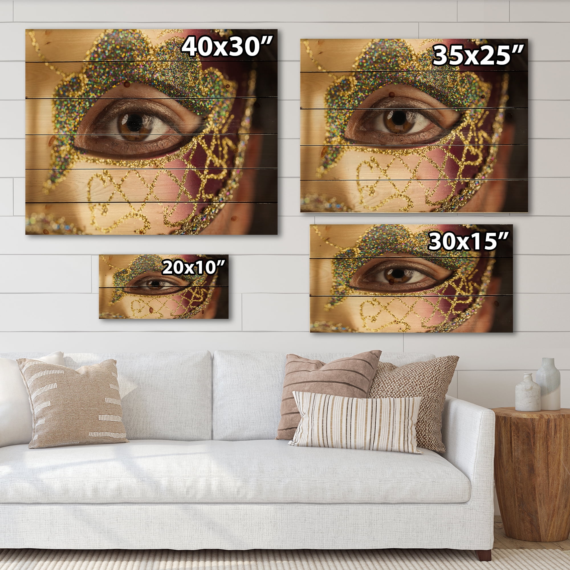 Designart 'Girl With Venetian Mask' Modern Print on Natural Pine Wood