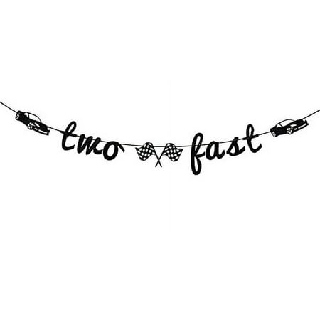 Two Fast Banner, 2nd Birthday Decorations, Race Car Theme Party Supplies, Child's 2nd Birthday Party Decorations Black Glitter