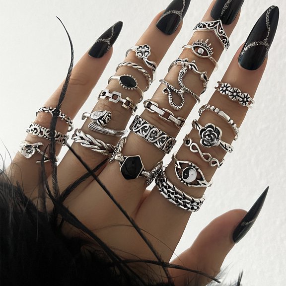 22Pcs Alloy Enamel Finger Cuff Rings Sets Mixed Shape Silver 16~18mm
