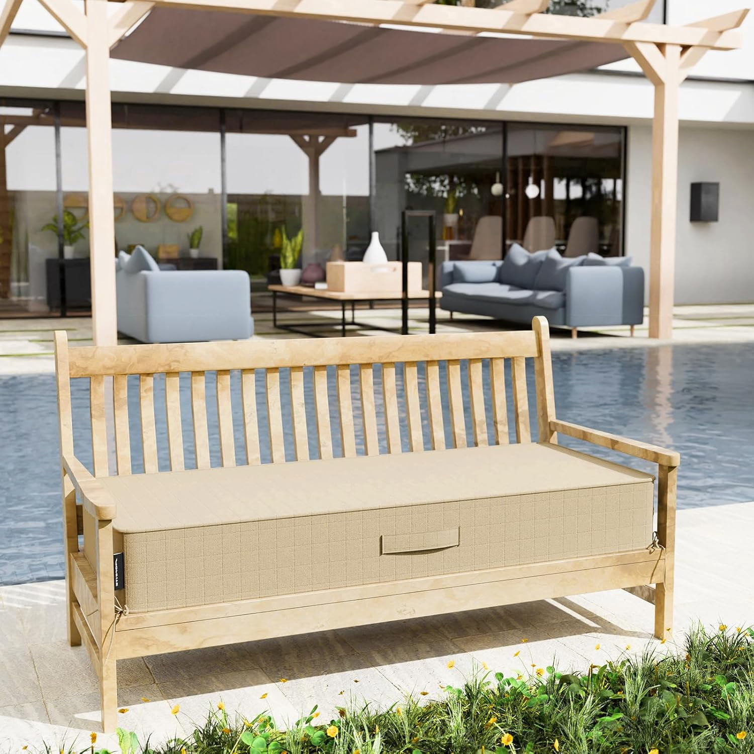 42" x 18" x5" Outdoor Olefin Water-Resistant Bench Cushion, Weather and Fade Resistant Patio Furniture Thickened Seat Pad with Handle and Adjustable Straps Ideal for Lawn