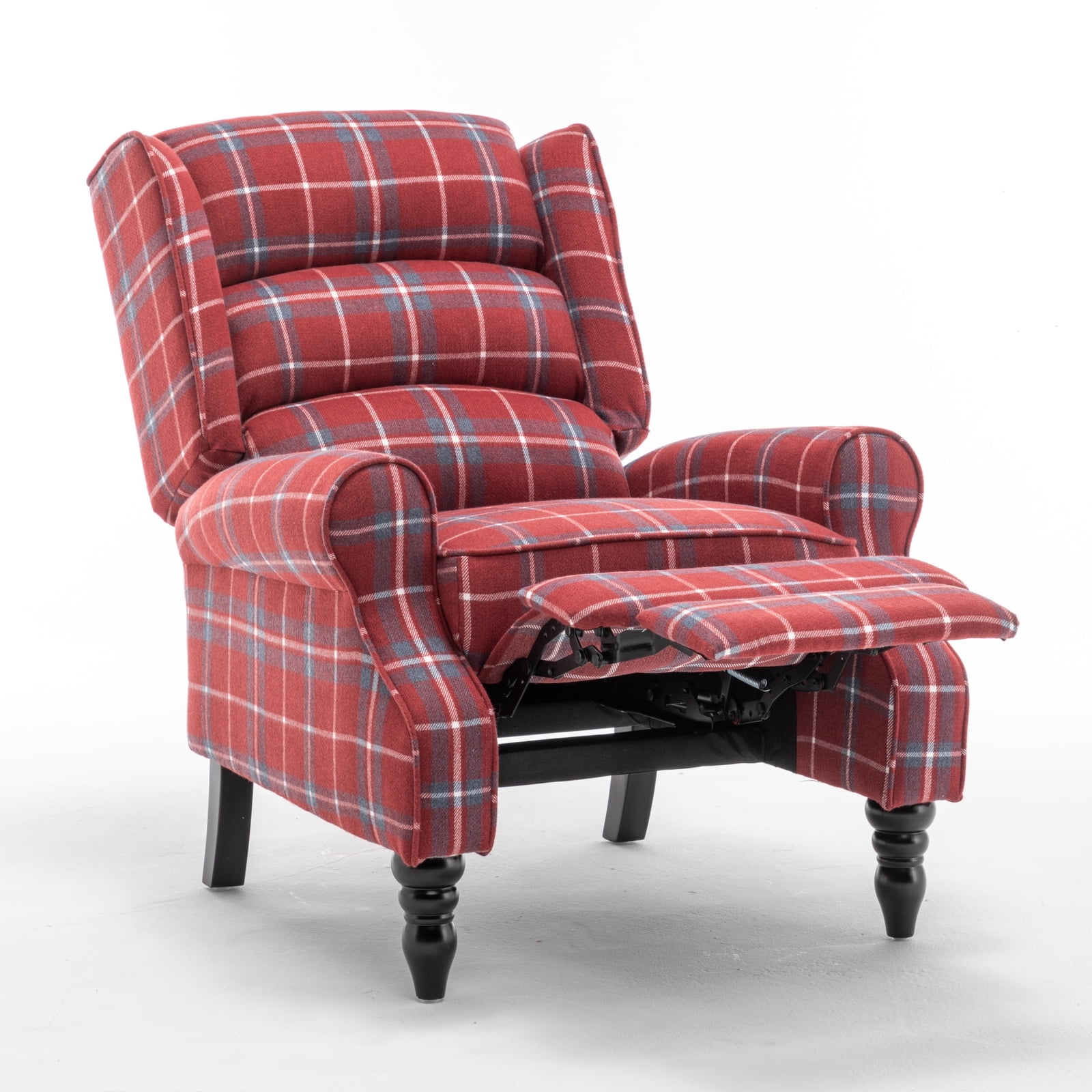 Upholstered Wingback Recliner Chair, Plaid Recliner Chair Armchair Adjustable Footrest Push Back Reclining Sofa, Mid Century Modern Lounge Armchair for Living Room, Bedroom, Reading -- Blue