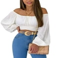 thumbnail image 1 of Women Tie Back Crop Top Off Shoulder Puff Sleeve Ruched Bust Tops Shirt Blouse, 1 of 7