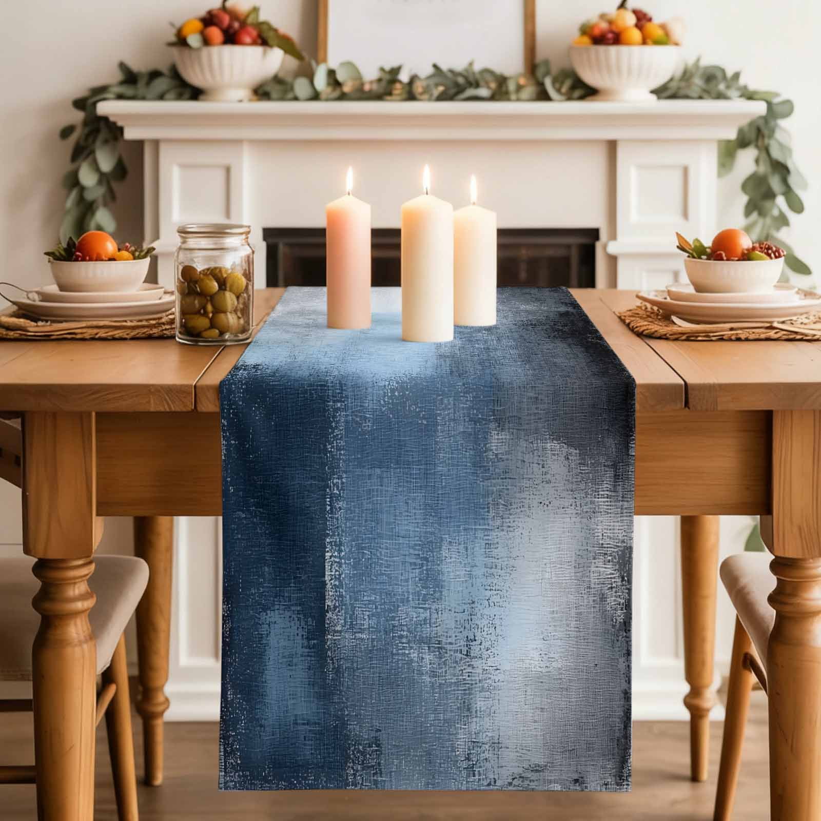 Blue Grey Table Runner, Modern Oil Painted Art Abstract Geometric Washable Cotton Linen Table Runners 90 Inches Long, Dresser Scarf Runner for Dining/Coffee/Kitchen/Hallway Tables 13''x90''