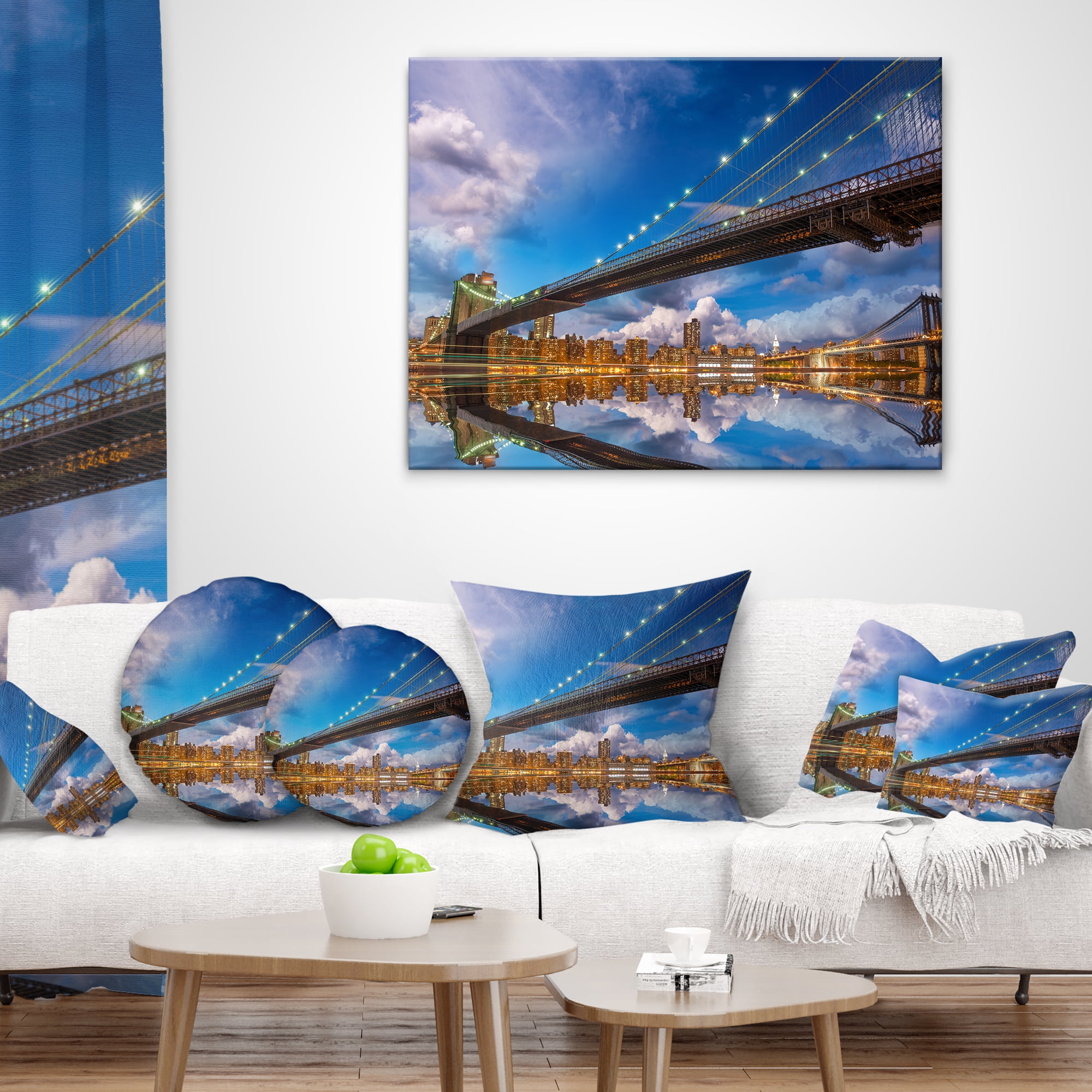 Designart Sunset Over Brooklyn Bridge - Cityscape Photo Throw Pillow - 12x20