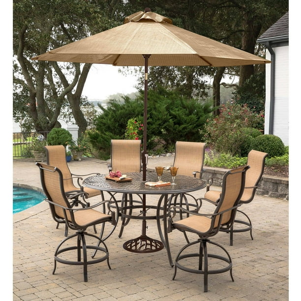 Hanover Manor 7 Piece Outdoor High Dining Bar Set With Umbrella And Stand Com Dining Bar Set With Umbrella And Stand, Outdoor Patio Bar Set With Umbrella