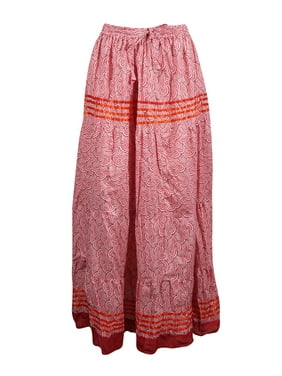 Mogul Womens Red Cotton Long Maxi Skirt Tier Printed Hippy Chic Summer Skirts