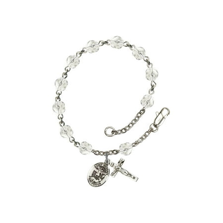 St Michael Rosary St. Michael the Archangel Silver Plate Rosary Bracelet 6mm April Crystal Fire Polished Beads Crucifix Size 5/8 x 1/4 medal ()