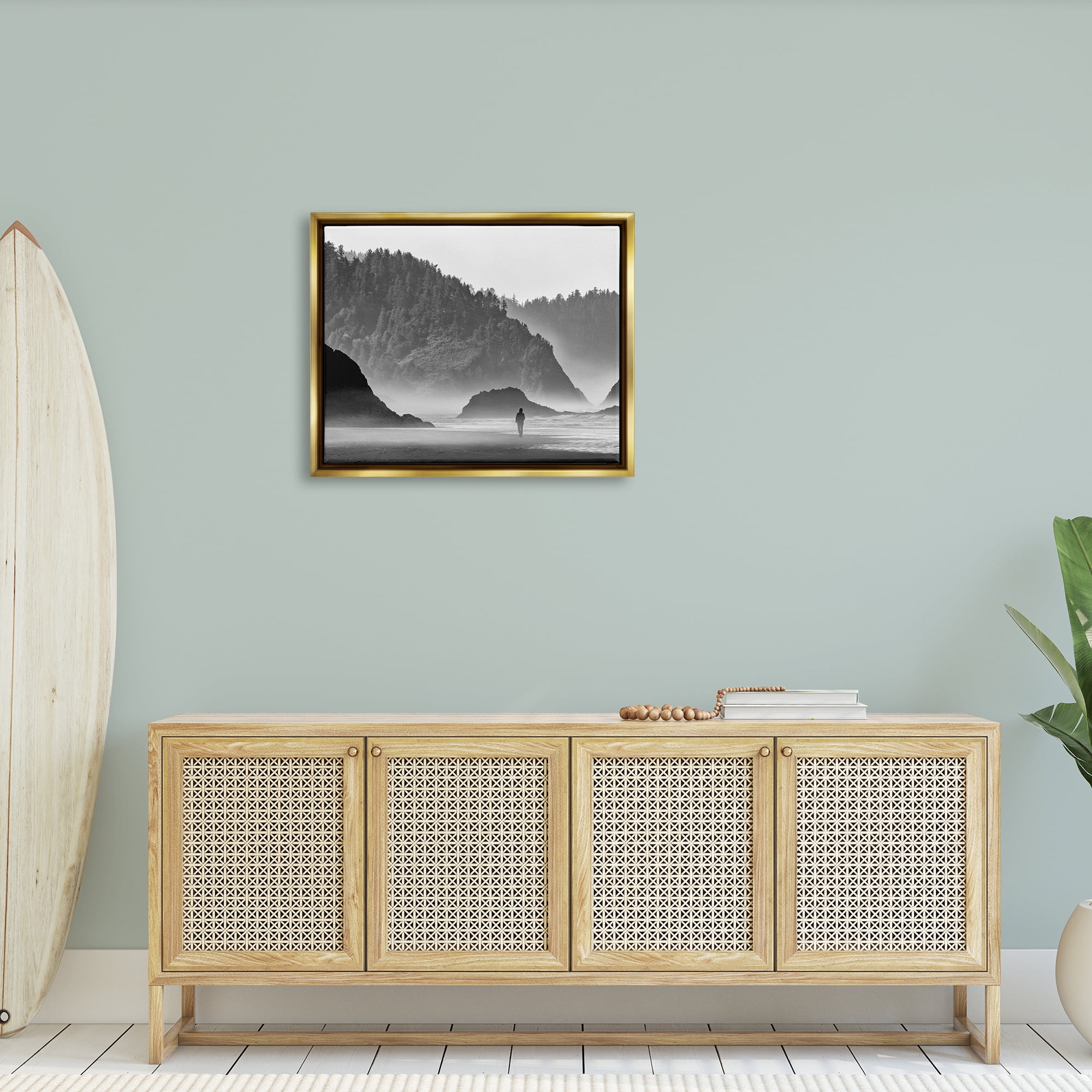 Stupell Person Strolling Rocky Cliff Shoreline Landscape Photography Gold Floater Framed Art Print Wall Art
