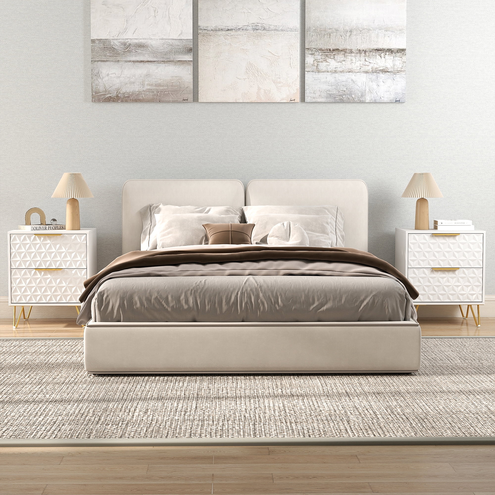 Resenkos 2-Piece Textured Diamond-Pattern Nightstands with Gold Handles & Hairpin Legs, Modern Bedroom Bedside Storage Cabinets, White