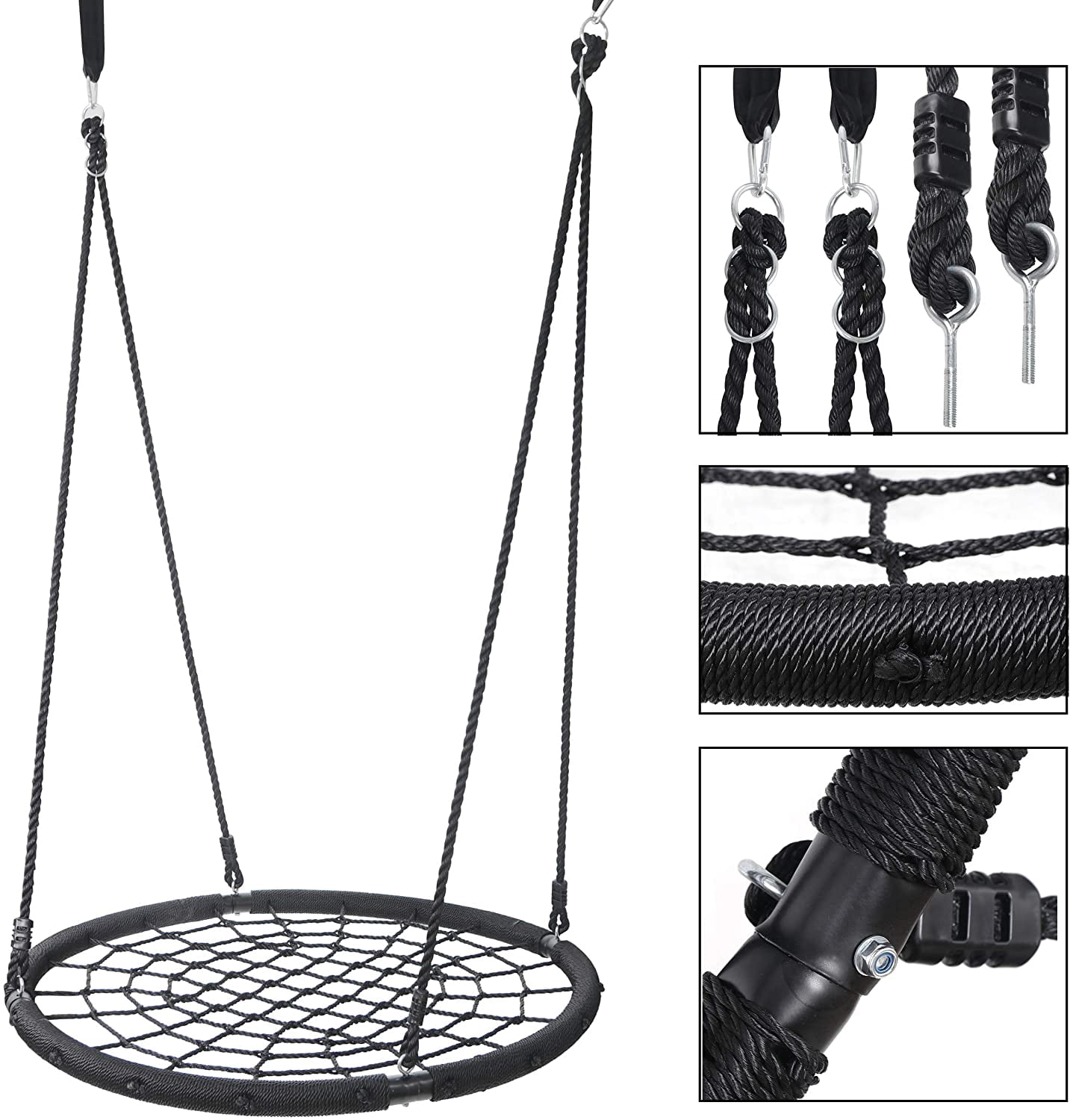 Largest 48" Spider Web Swing Set for Tree 700lbs Extra Large Platform Net Swing 71inch Adjustable Hanging Ropes - Attaches to Trees or Existing Swing Frame for Multiple Kids or Adult Black