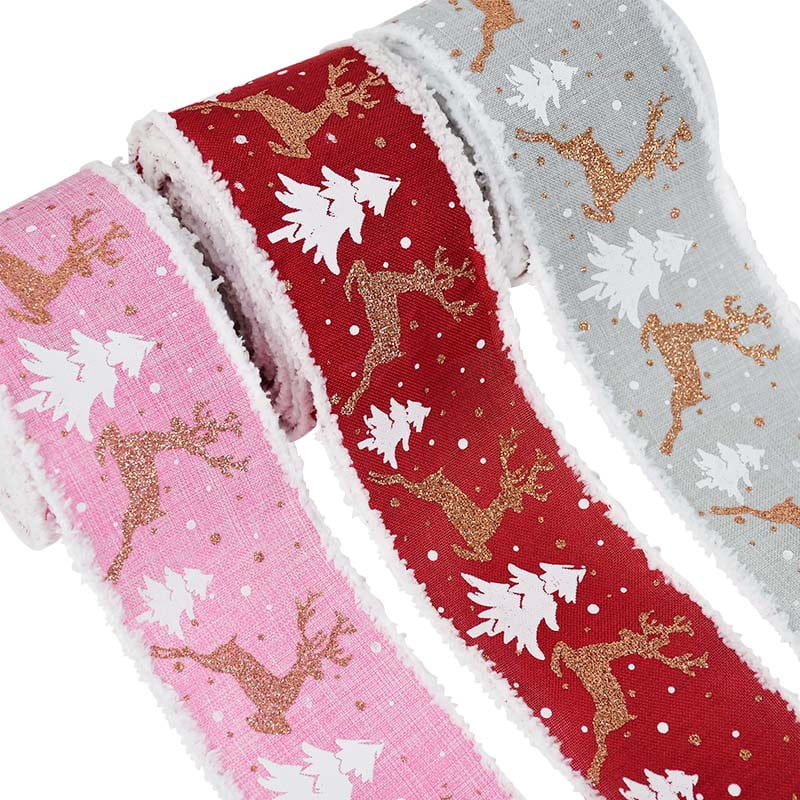 5m/roll Merry Christmas Tree Car Elk Printed Burlap Ribbons For Gift Wrapping Xmas New Year Decoration Handmade Wreath Bows