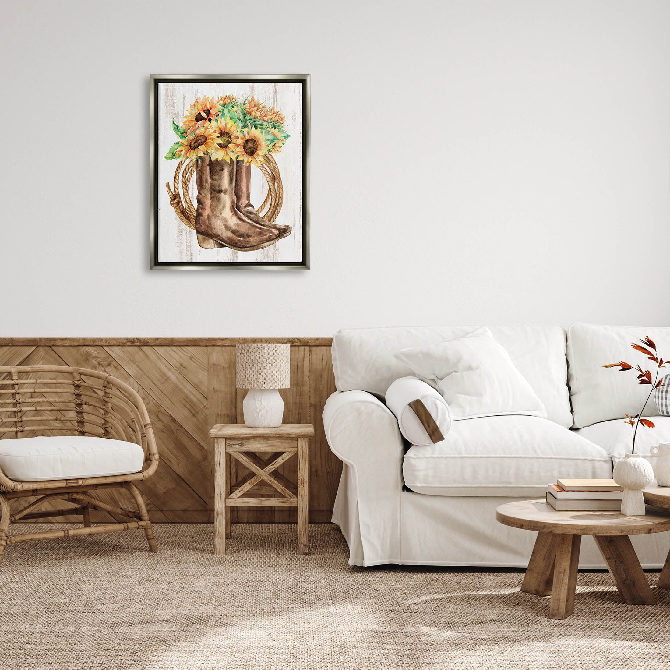 Southern Sunflower Bouquet Boots Botanical & Floral Graphic Art Luster Gray Framed Art Print Wall Art