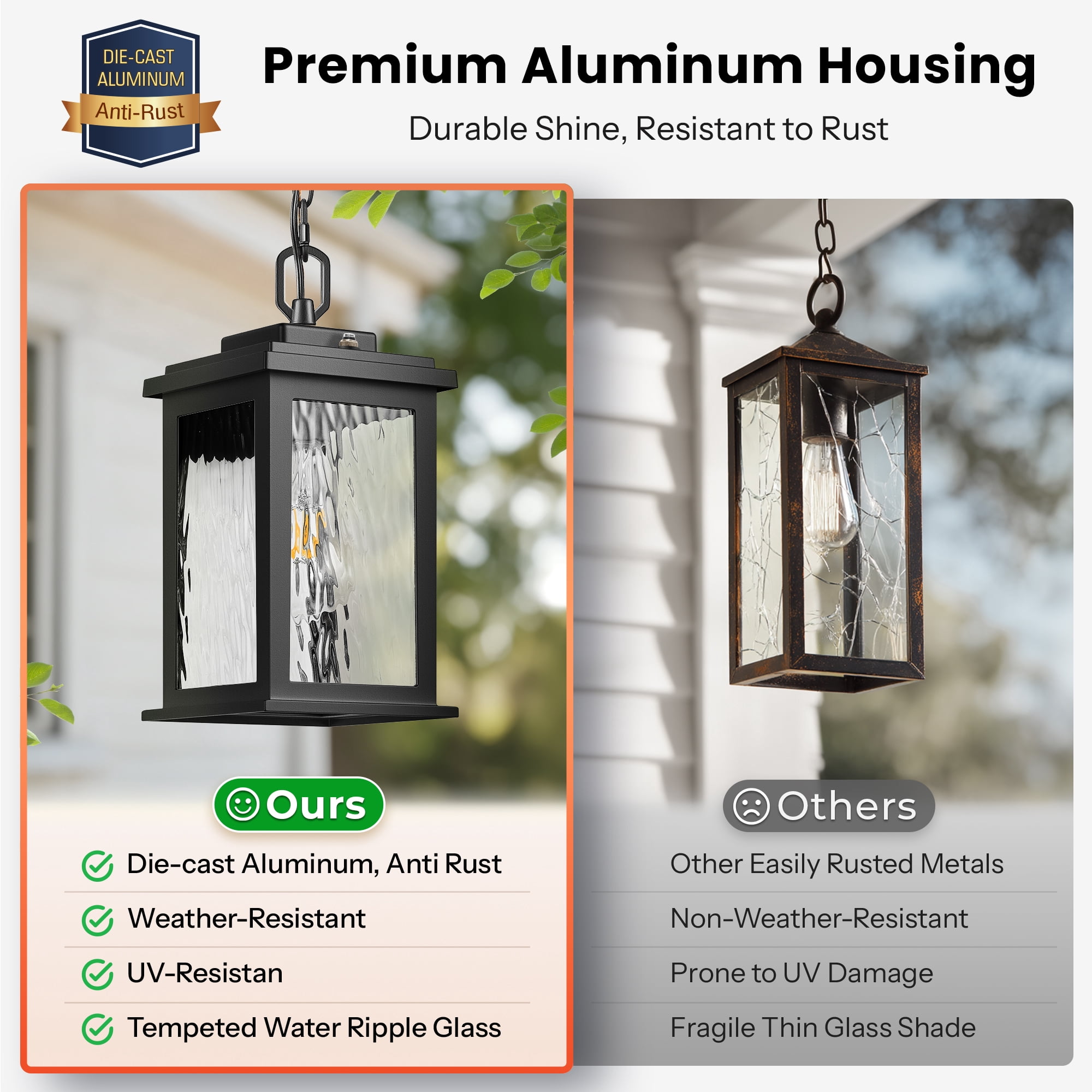 Gleamz Black Dusk to Dawn Outdoor Pendant Lights with Water Glass, Adjustable Chain Waterproof Hanging Porch Light, Outside Chandelier for Porch, Patio, Driveway