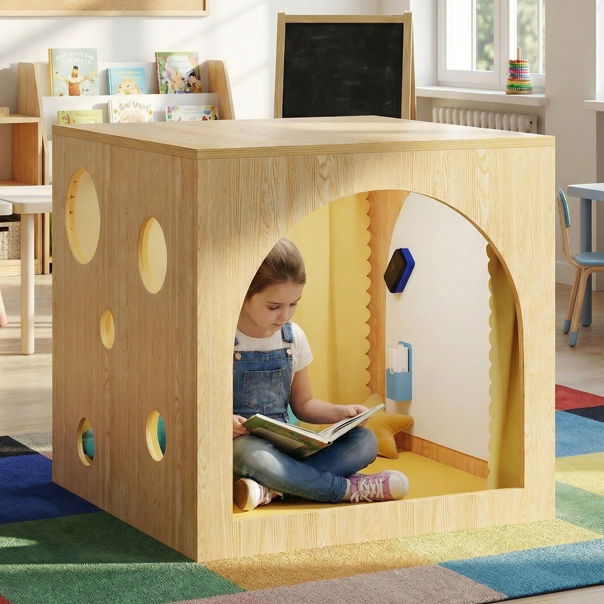 Advwin 30" Cozy Reading Cube with Curtains, Cushion Mat & Light, Wood Reading Nook Quiet Corner Playhouse with Whiteboard, Bookshelf & Acrylic Window Panel for Home School Classroom Daycare, Yellow
