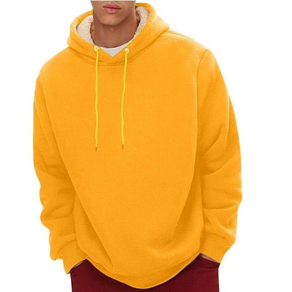 HAJWOH Fleece Hoodies for Men Big Tall Sherpa Long Sleeve Hooded Sweatshirts Heavy Weight Fleece Lined Drawstring Pullover Tops Thick Warm 2024 Winter Comfy Hoodies Yellow 3XL