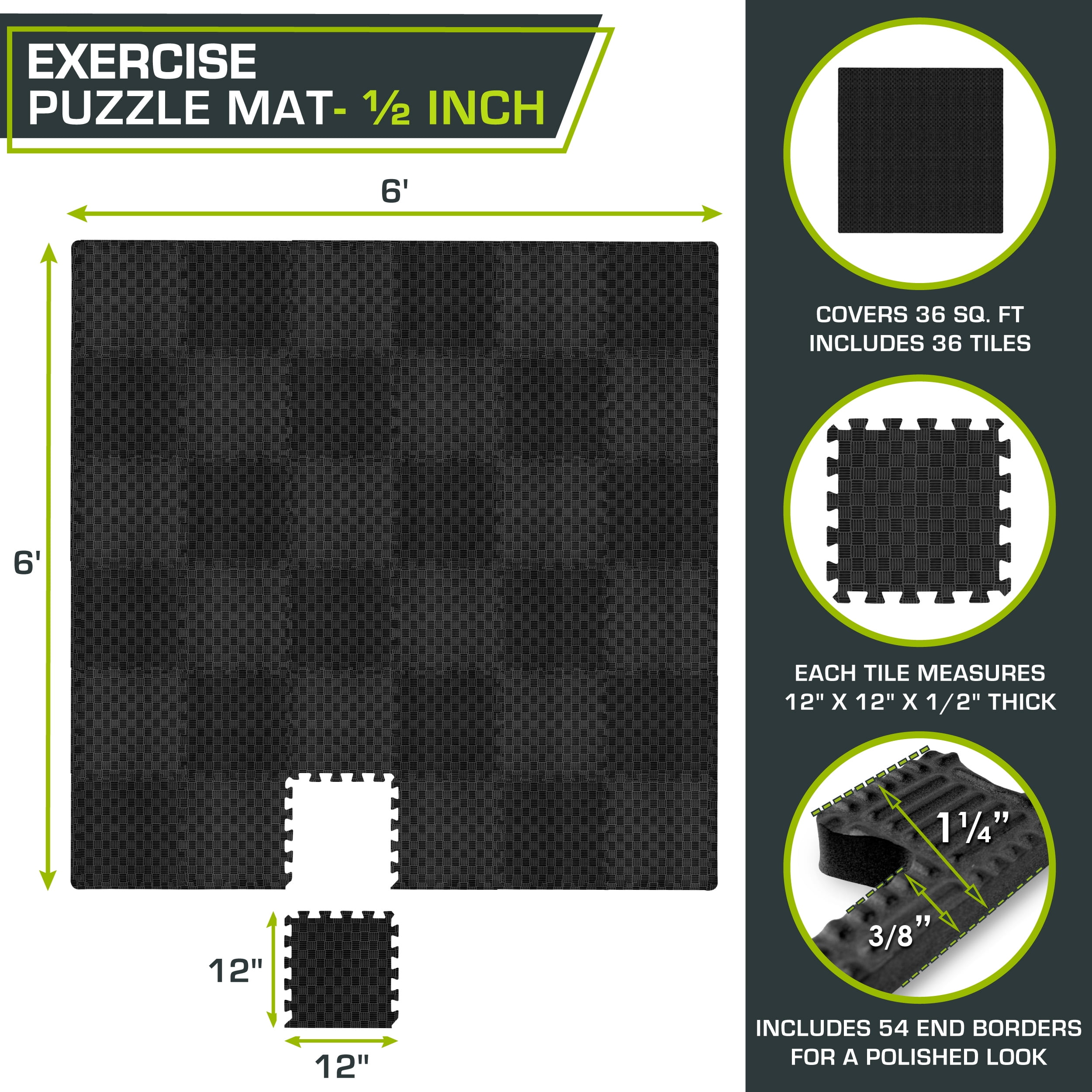 Prosourcefit Checkered Puzzle Exercise Mat 12 x 12 1/2-in, Black, 36 sq ft - 36 Tiles, Pack of 1