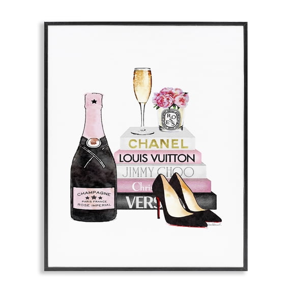 Stupell Industries Glam Fashion Designer Wine Shoes Bookstack Pink Watercolor Black Framed Giclee Art, 24 x 30, by Amanda Greenwood