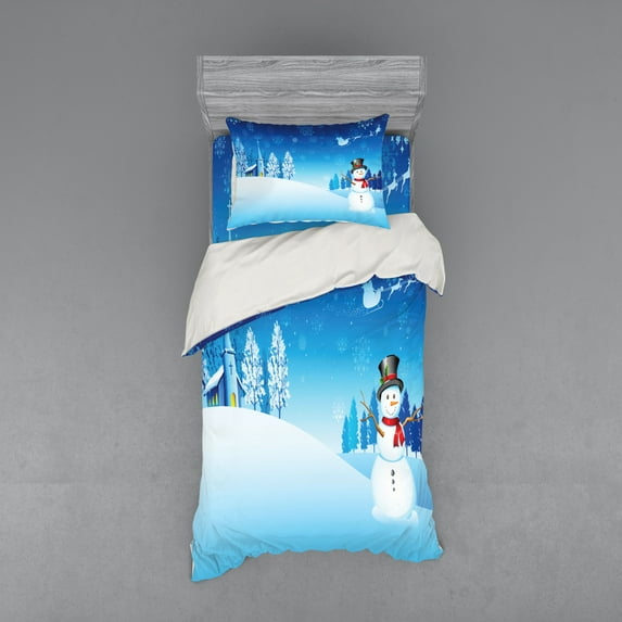 Christmas Duvet Cover Set, Snowman on the Christmas Eve Santa's Sleigh in the Starry Sky Fantasy Artwork, Bedding Set with Shams and Fitted Sheet, 3 Sizes, by Ambesonne