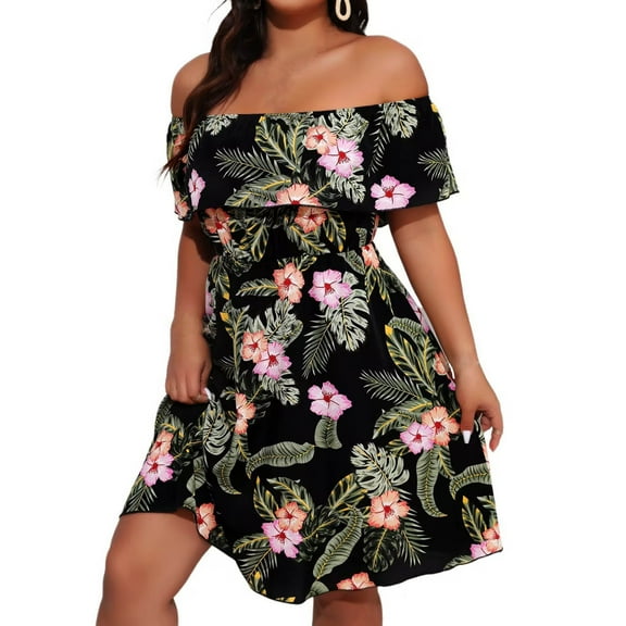 Plus Size Off Shoulder Dress for Women Summer Floral Ruffle Short Sleeve Casual Flowy Boho Beach Sundress