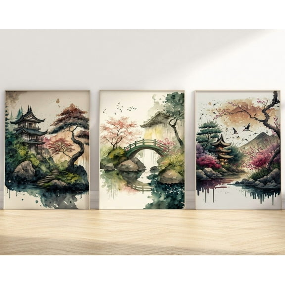 Luvia Japanese Set Of 3 Prints Boho Pagodaakura Naturepring Cherry Blossom Japan Poster, Modern Wall Decor Set 3 Prints 8x12 UNFRAMED