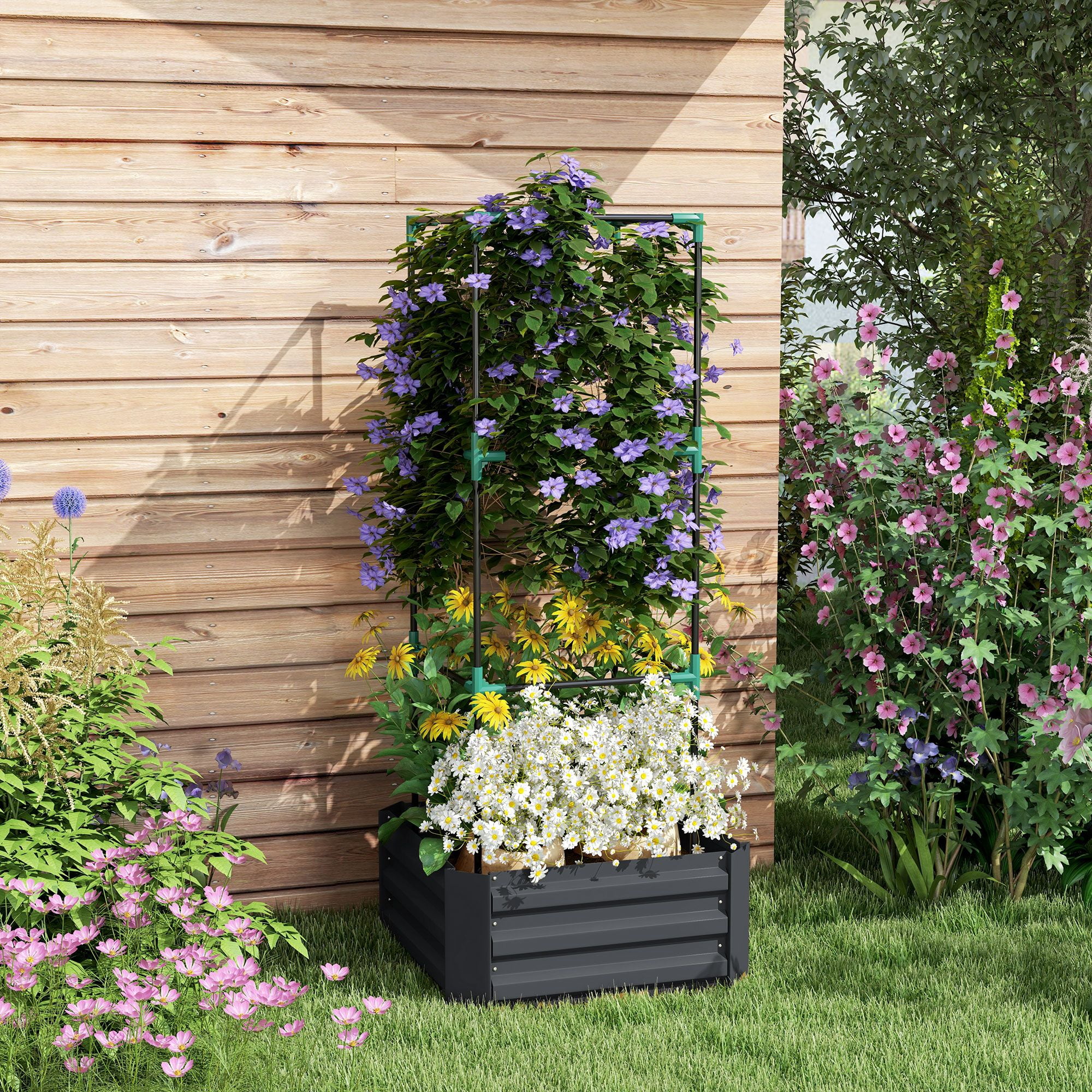 Dranite Galvanized Planter Box 24"x24"x11.75" Raised Garden Bed with Tomato Cage for Climbing Vines