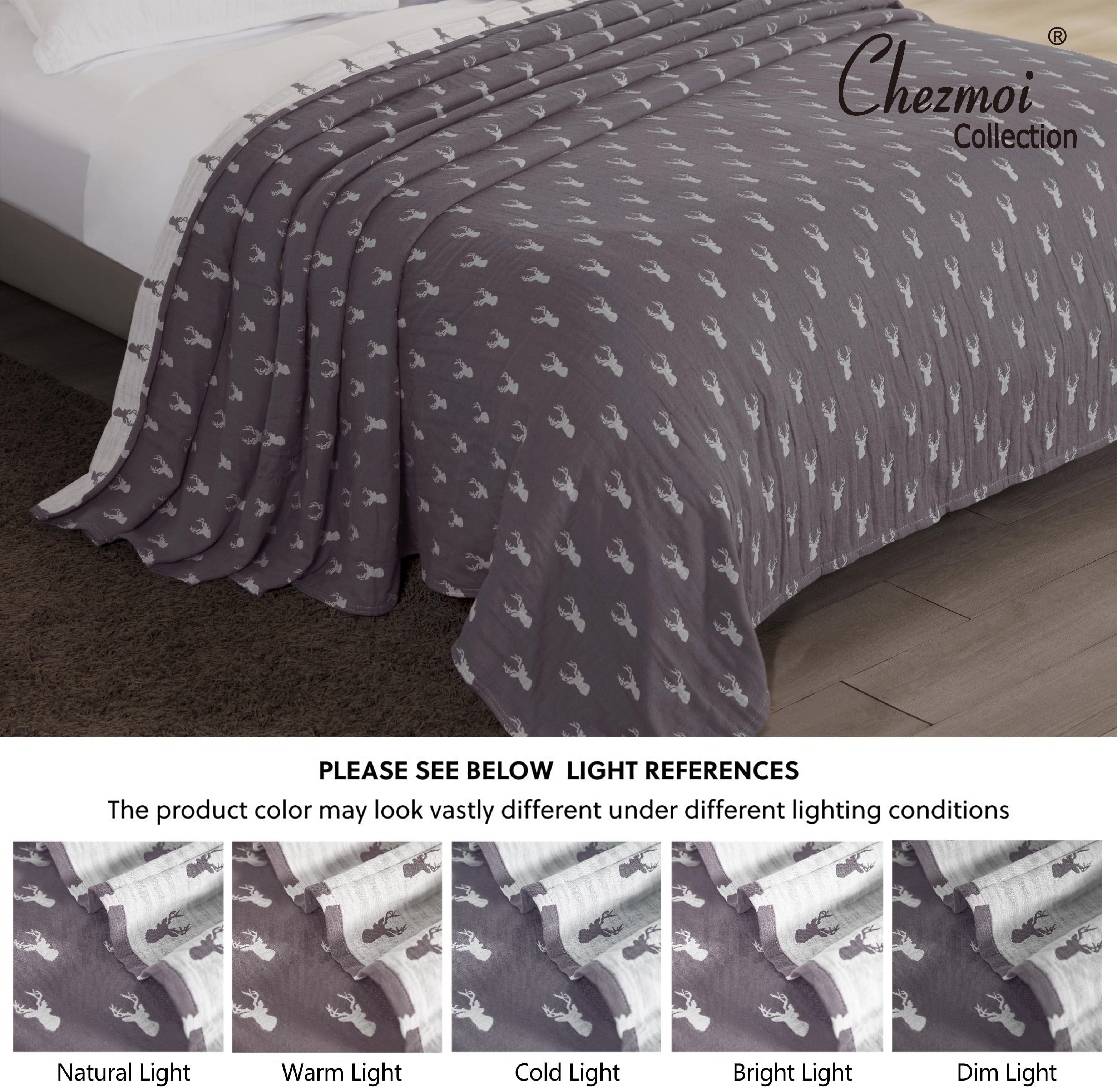 Sterling Creek Elk Three Layers Lightweight Cotton Gauzy Blanket Queen, Gray