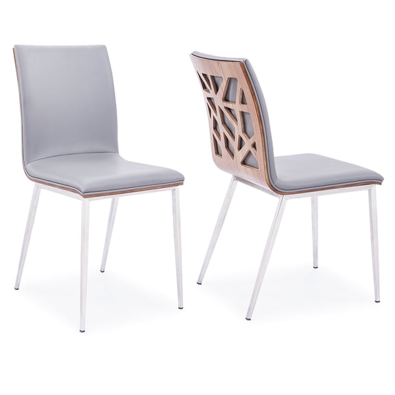 Dining Chair Set of 2 - Grey Faux LeatherWalnut Accent - Stainless Steel Legs