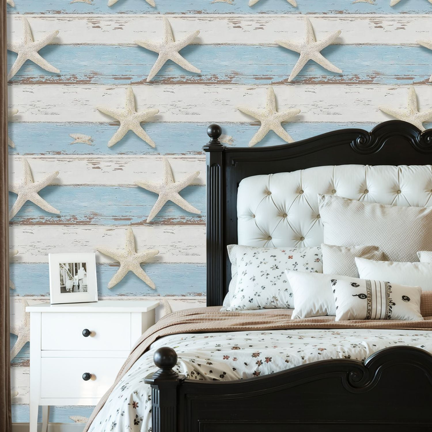 Coastal Peel and Stick Wallpaper White Starfish Distressed Blue White Wooden Plank Contact Paper 23.6in x 9.8ft Wallpaper Removable Self Adhesive Wall Paper for Bedroom