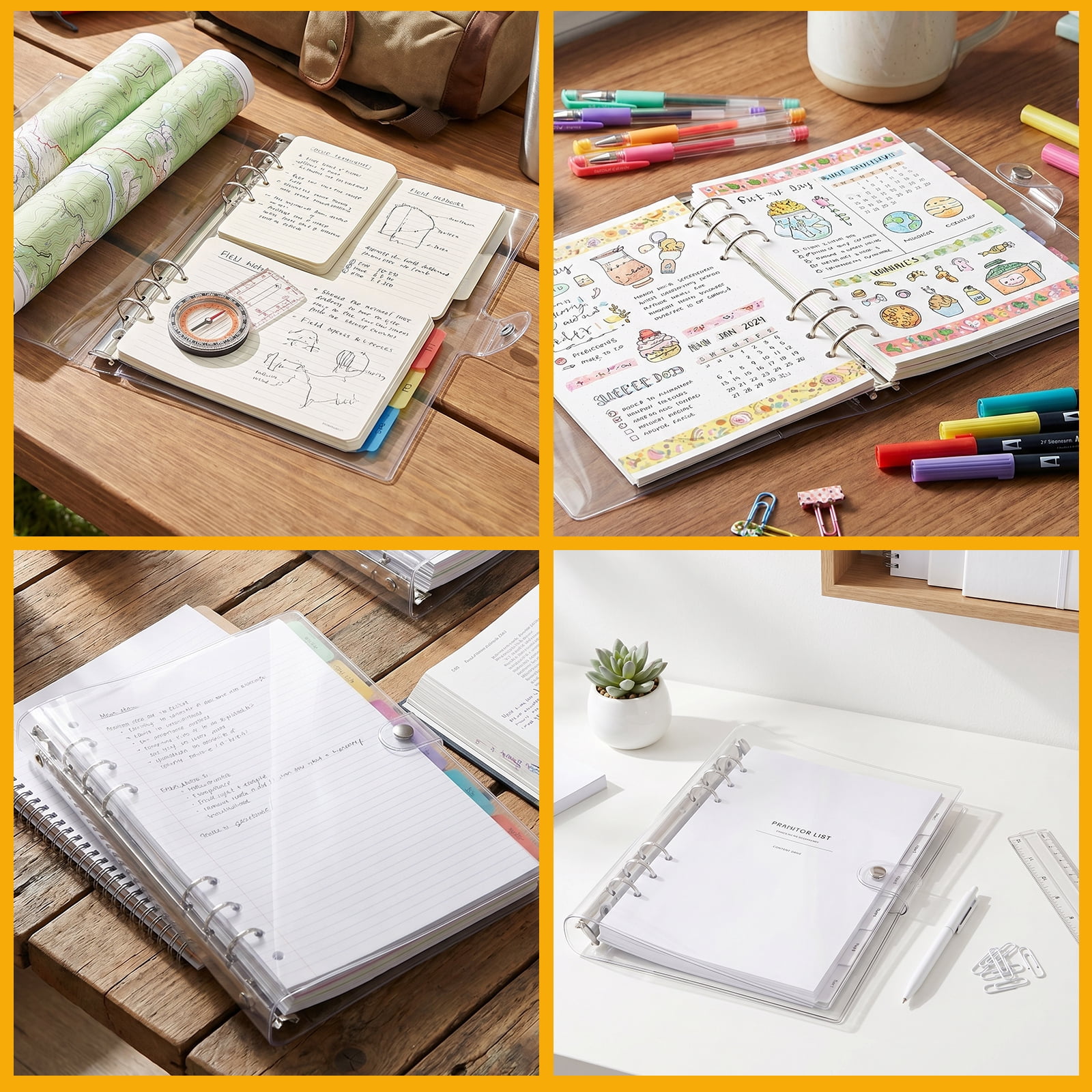 6Pcs A5 Transparent Binder 6 Ring PVC Notebook Cover Refillable Notebook Round Ring Binder for 180 Inner Pages and Scrapbooking