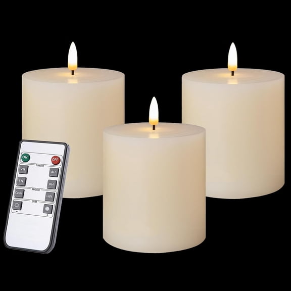 Flameless Candles Set of 3 (3x3 inch) Flickering LED Real Wax Battery Operated with Remote Control Timers for Fireplace Bedroom Livingroom Party Dimmable Ivory Pillars Flat top