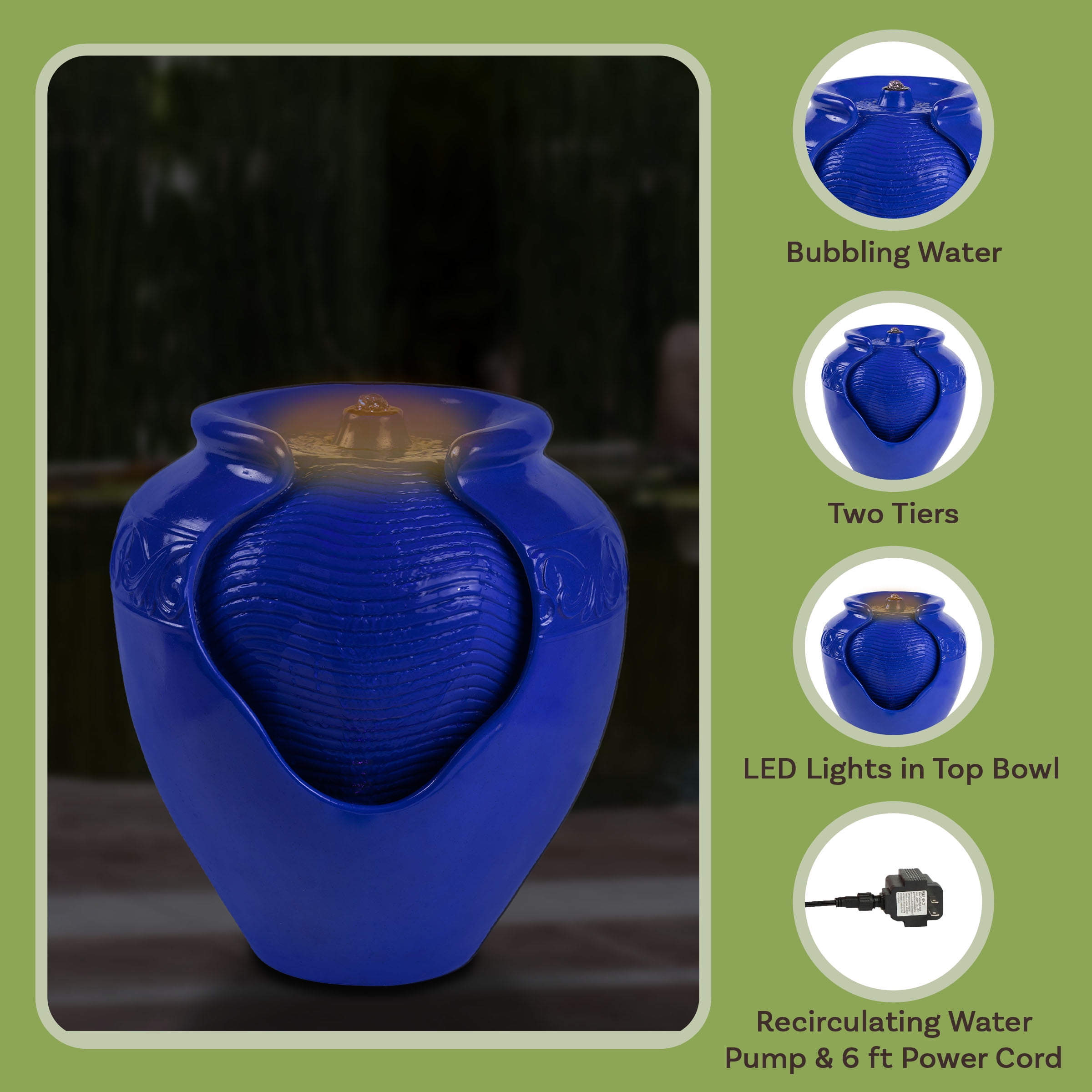 Pure Garden Jar Water Fountain – Indoor or Outdoor Water Feature with Electric Pump and LED Lights by Pure Garden (Cobalt Blue)